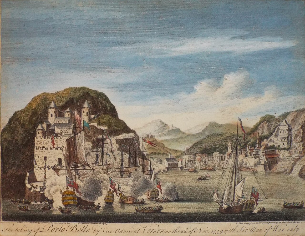 Print - The Taking of Porto Bello by Vice Admiral Vernon on the 22d. of Novr. 1739 with Six Men of War only. - Parr